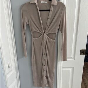 12th Tribe Tan Ruched  Long Sleeve Dress
